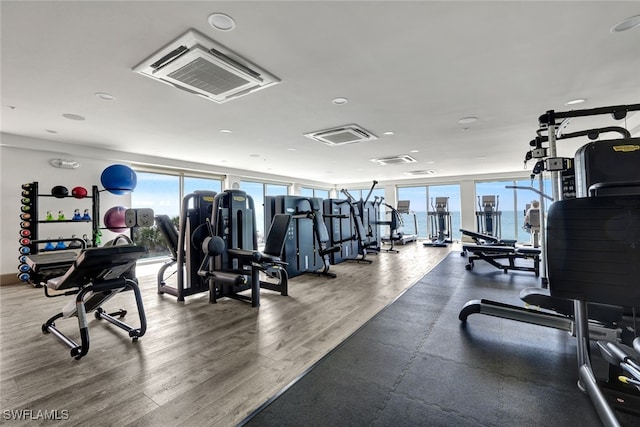 gym with floor to ceiling windows and wood finished floors