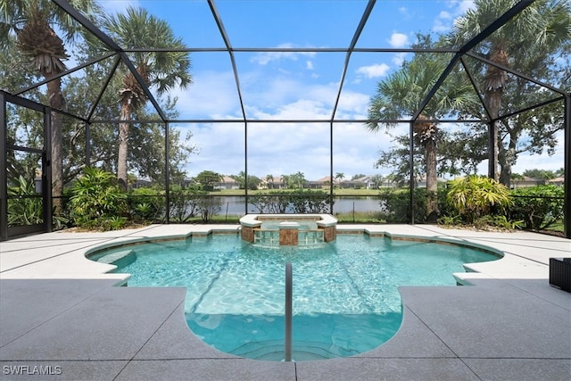 view of swimming pool featuring glass enclosure, an in ground hot tub, a patio area, and a water view