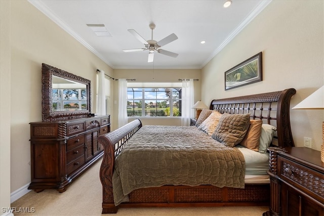 bedroom featuring ceiling fan, crown molding, and light carpet