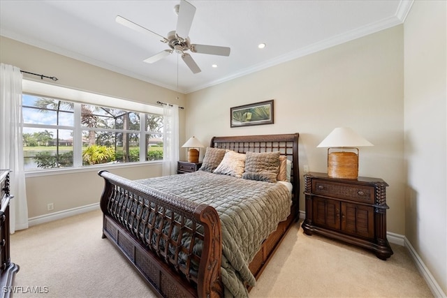 bedroom featuring ceiling fan, light carpet, and ornamental molding