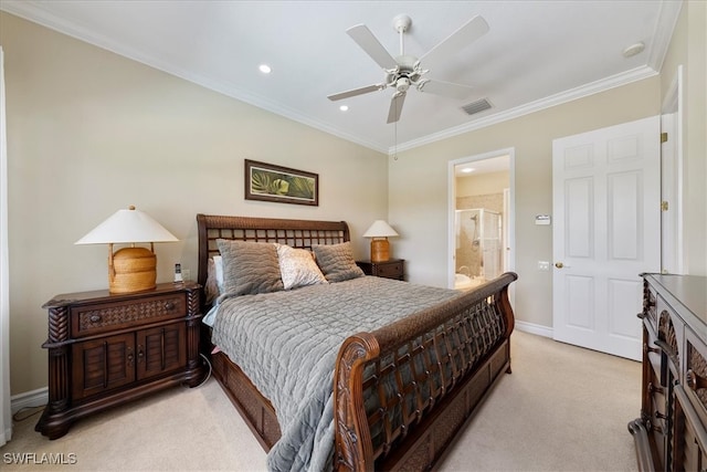 bedroom with light carpet, connected bathroom, ceiling fan, and ornamental molding