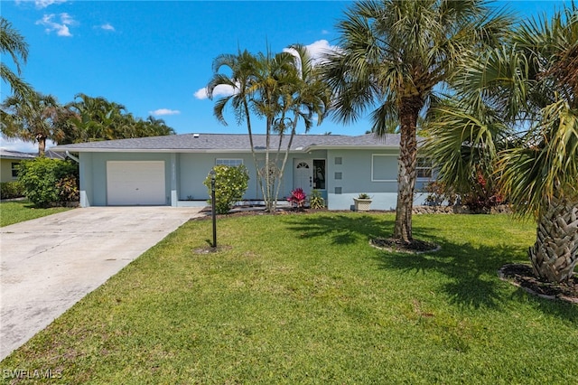 single story home featuring a front yard and a garage