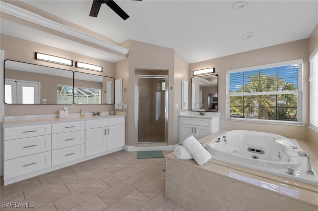 bathroom featuring independent shower and bath, ceiling fan, vanity, and tile patterned floors