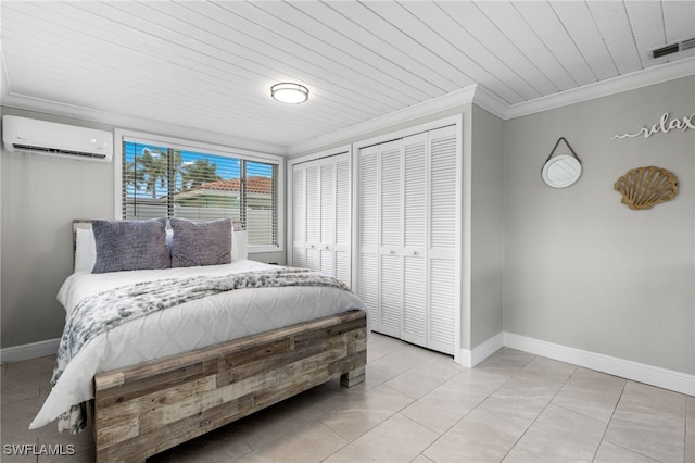 bedroom featuring wooden ceiling, a wall mounted AC, light tile patterned floors, ornamental molding, and multiple closets