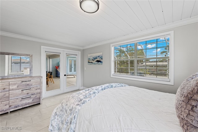 tiled bedroom with french doors, wood ceiling, and crown molding