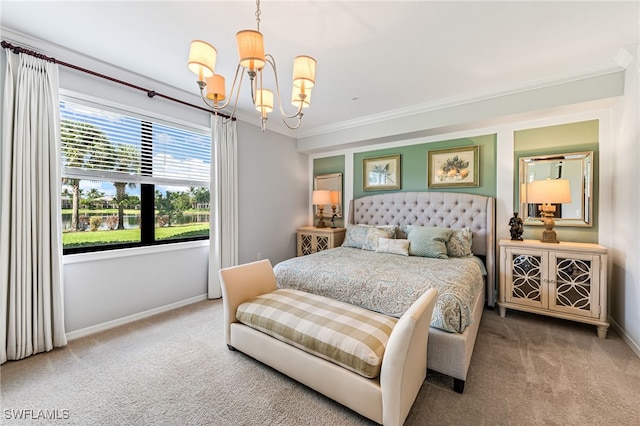 bedroom with a notable chandelier, crown molding, and carpet flooring