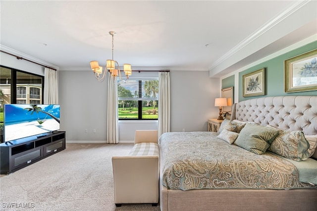 bedroom with an inviting chandelier, crown molding, and carpet flooring