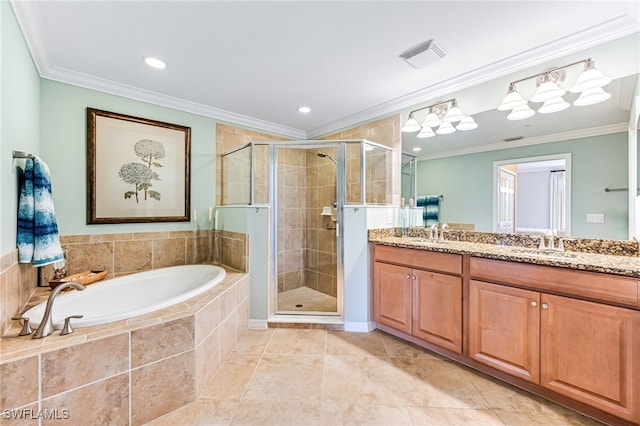 bathroom with vanity, plus walk in shower, ornamental molding, and tile patterned floors