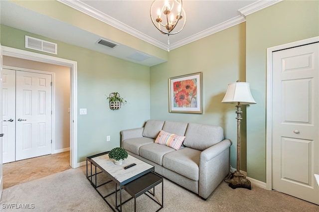 carpeted living room featuring an inviting chandelier and crown molding