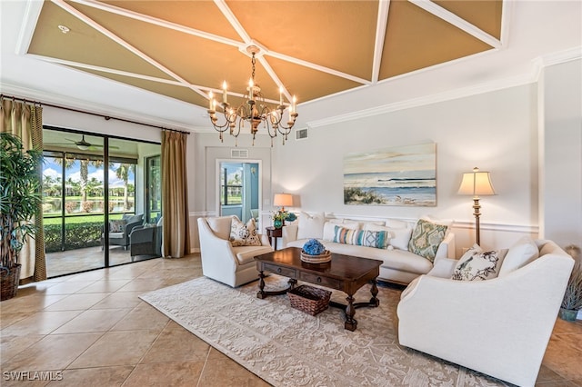 tiled living room featuring ornamental molding, an inviting chandelier, and a towering ceiling