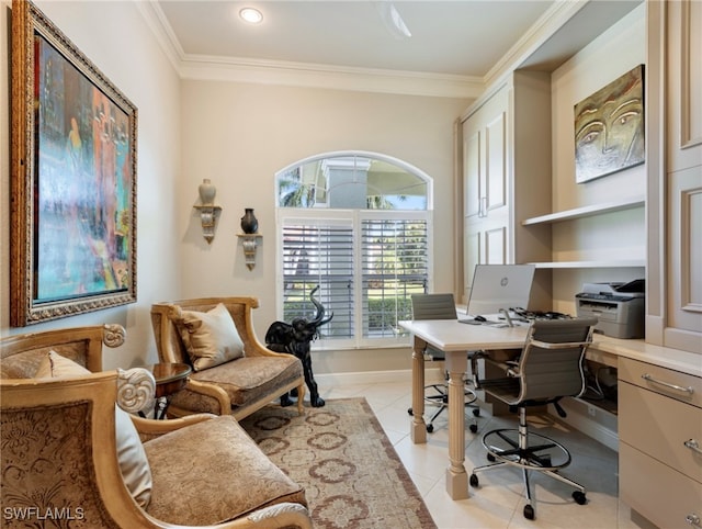 tiled home office with crown molding