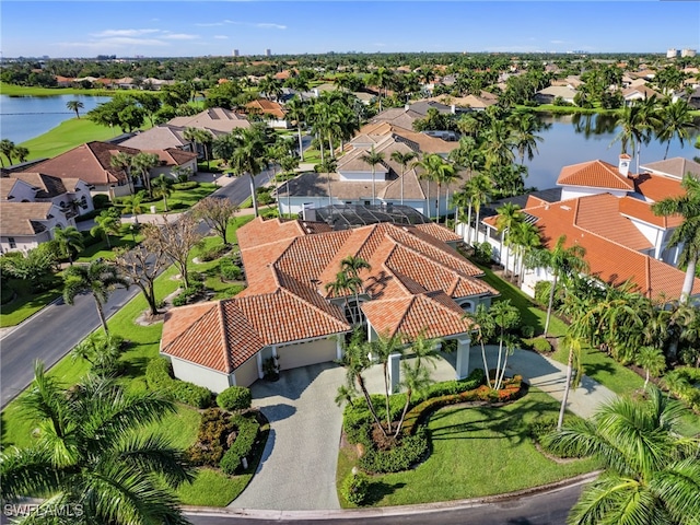 drone / aerial view featuring a water view