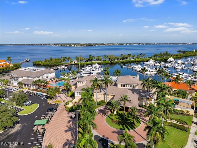 bird's eye view with a water view