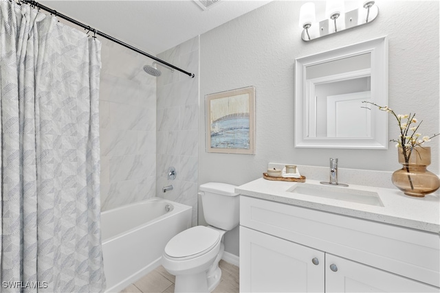 full bathroom featuring shower / tub combo, tile patterned flooring, vanity, and toilet