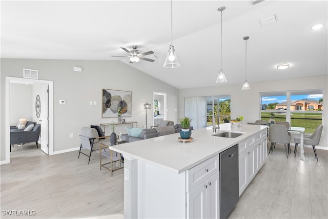 kitchen with dishwasher, sink, white cabinetry, decorative light fixtures, and ceiling fan