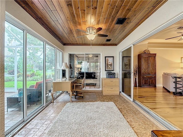 interior space with wood ceiling, ceiling fan, and a wealth of natural light