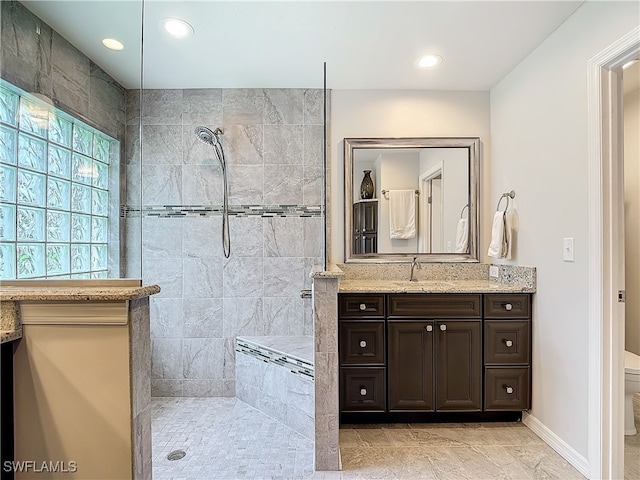 bathroom with a tile shower, vanity, and toilet