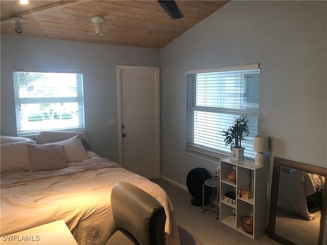 carpeted bedroom with wooden ceiling, ceiling fan, and lofted ceiling