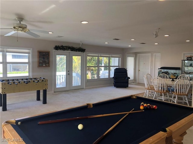 game room with french doors, carpet floors, ceiling fan, and billiards