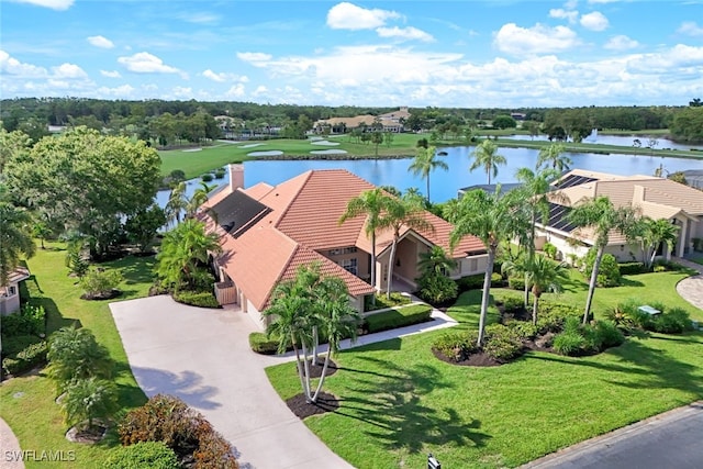 aerial view featuring a water view