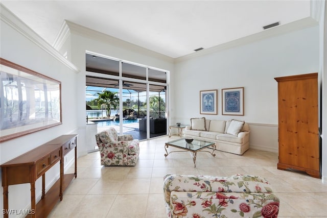 tiled living room featuring ornamental molding