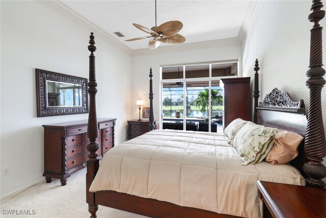 carpeted bedroom featuring access to outside, crown molding, and ceiling fan