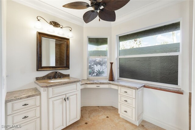 bathroom featuring ceiling fan, vanity, crown molding, and tile patterned floors