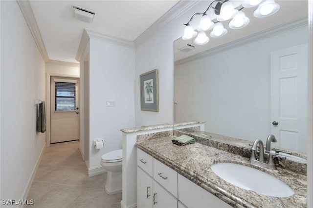 bathroom with ornamental molding, tile patterned floors, vanity, and toilet