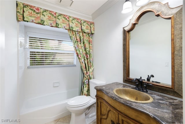 full bathroom featuring shower / bath combo with shower curtain, vanity, crown molding, toilet, and tile patterned floors