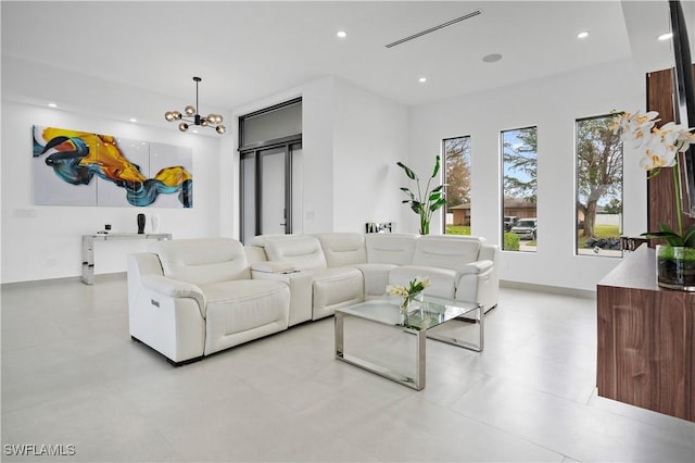 living room with a chandelier