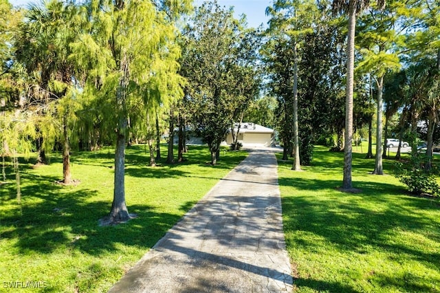 view of community with a lawn and a garage