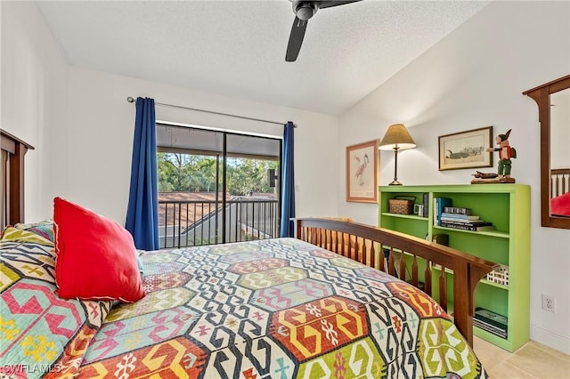 bedroom featuring ceiling fan, access to exterior, a textured ceiling, and lofted ceiling