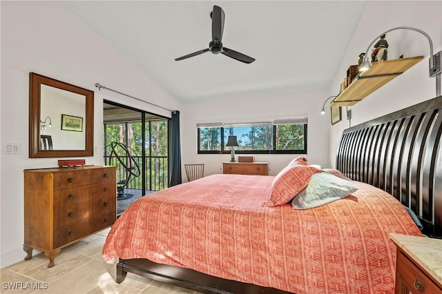 bedroom featuring ceiling fan, multiple windows, lofted ceiling, and access to outside