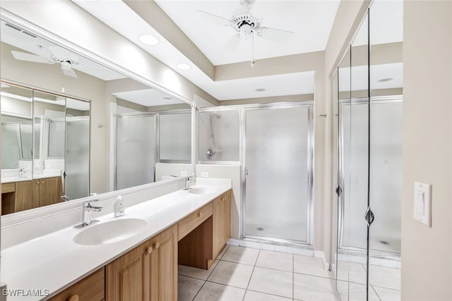 bathroom featuring ceiling fan, vanity, tile patterned flooring, and an enclosed shower