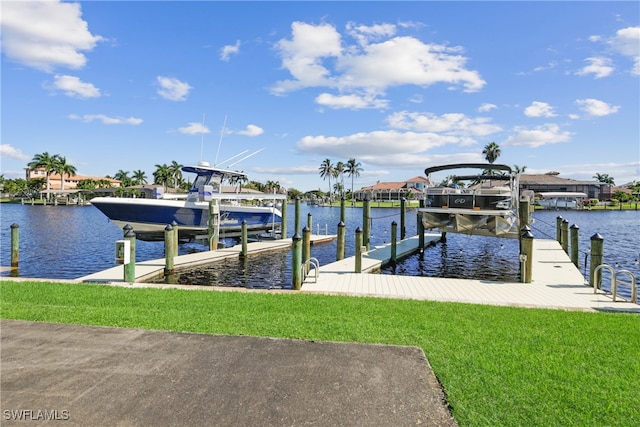 dock area featuring a lawn and a water view