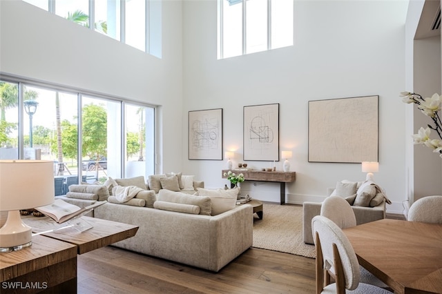 living room with a high ceiling, hardwood / wood-style floors, and a wealth of natural light