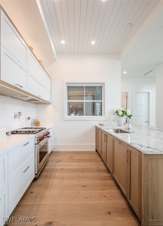 kitchen with light wood-type flooring, white cabinetry, high end range, and sink