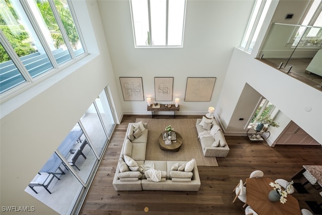 living room with a healthy amount of sunlight and a high ceiling