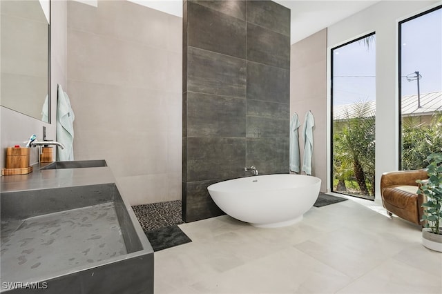 bathroom featuring tile walls, vanity, a wealth of natural light, and a tub