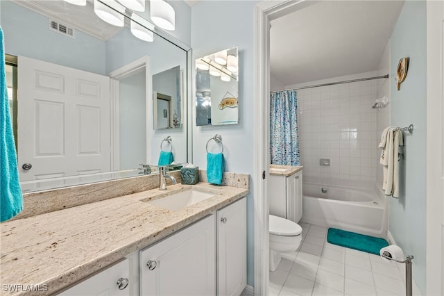 full bathroom with tile patterned flooring, vanity, toilet, and shower / bathtub combination with curtain