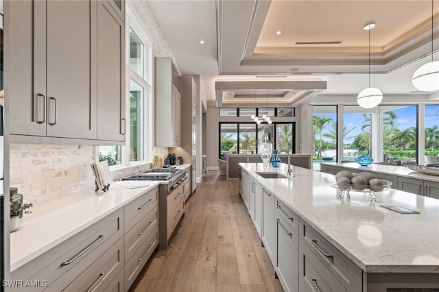 kitchen featuring pendant lighting, a tray ceiling, a spacious island, and light hardwood / wood-style floors