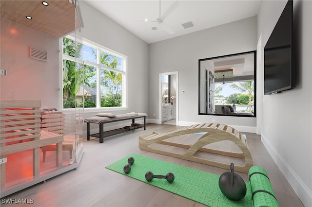 exercise area featuring ceiling fan and hardwood / wood-style flooring