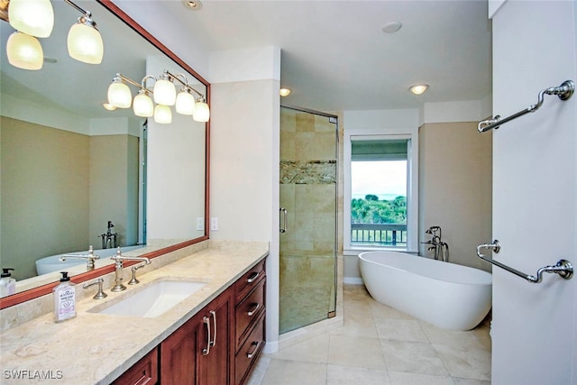 bathroom with vanity, plus walk in shower, and tile patterned floors