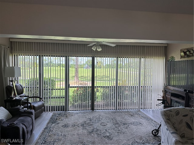 living room with hardwood / wood-style floors and ceiling fan