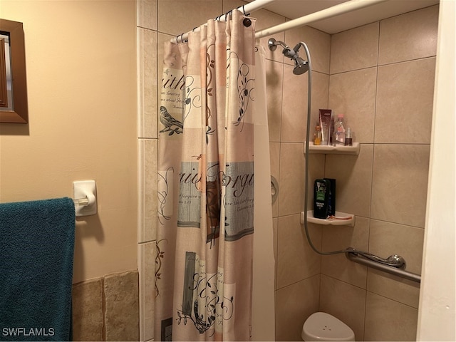 bathroom featuring toilet and a shower with shower curtain