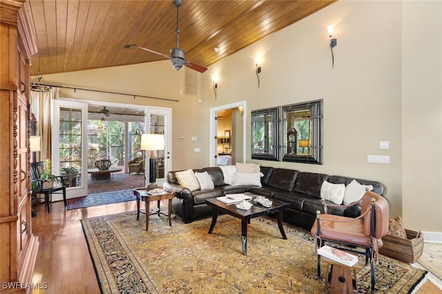 living room featuring ceiling fan, wood ceiling, dark hardwood / wood-style floors, and high vaulted ceiling