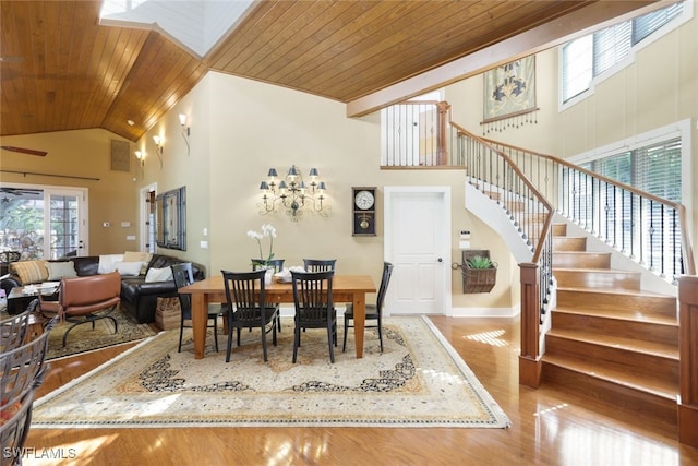 dining space with high vaulted ceiling, wooden ceiling, and hardwood / wood-style floors