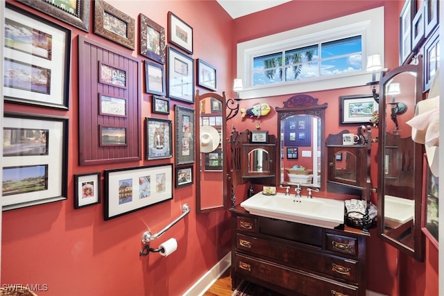 bathroom featuring vanity and hardwood / wood-style floors