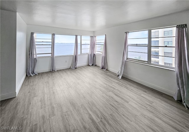 unfurnished room with light wood-type flooring, a water view, and a wealth of natural light