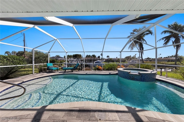 view of swimming pool featuring a patio, an in ground hot tub, and glass enclosure